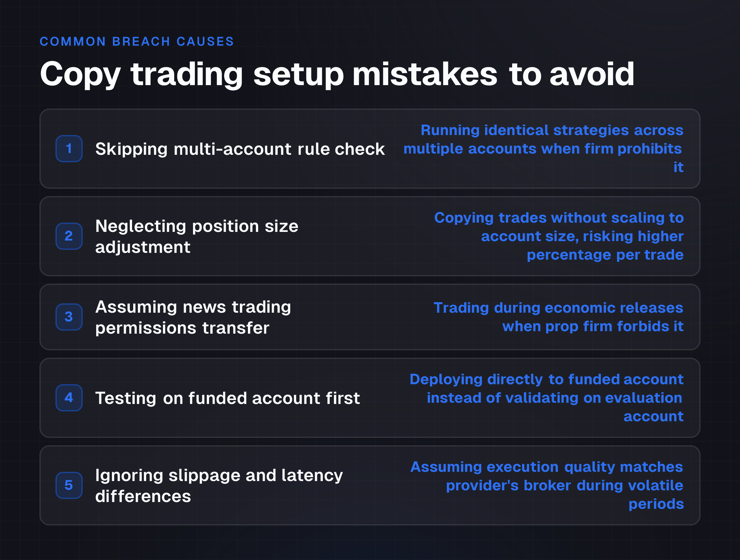 Checklist of five common copy trading configuration mistakes that lead to prop firm account termination