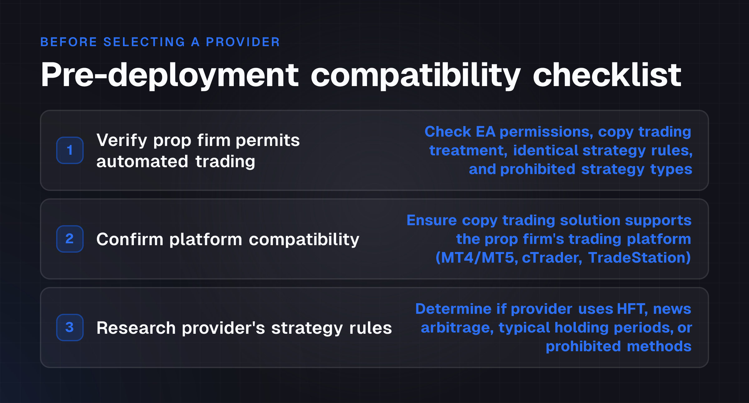 Pre-deployment checklist showing three compatibility verification steps before activating copy trading on prop firm account