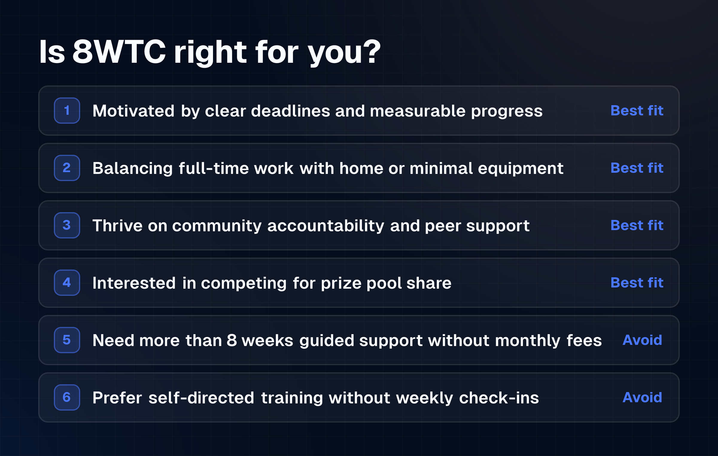Checklist showing which situations suit the 8WTC challenge and which don't based on deadline motivation, equipment access, and logging commitment