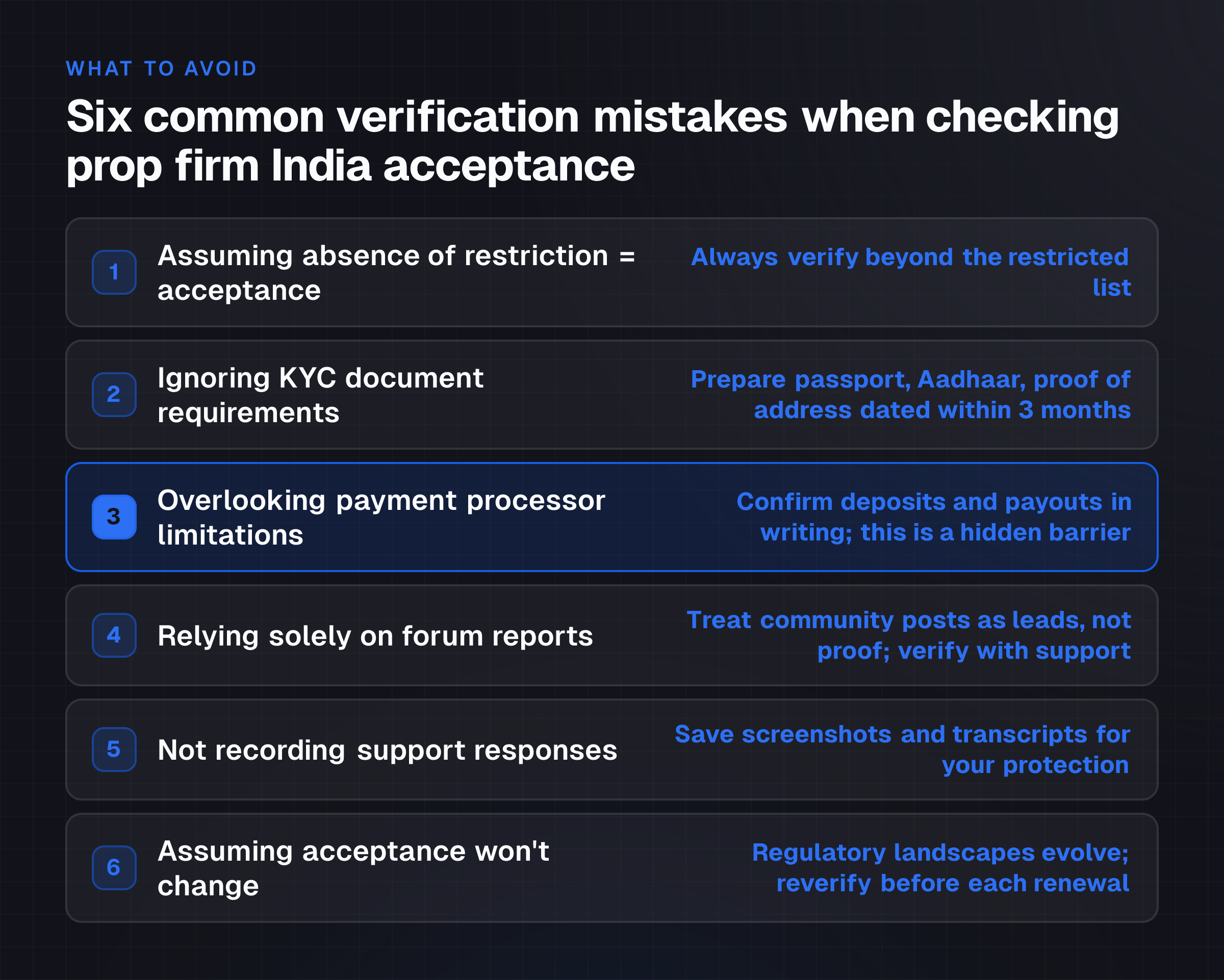 The reader recognizes six named pitfalls to avoid, with payment processor limitations flagged as a hidden barrier most traders miss.