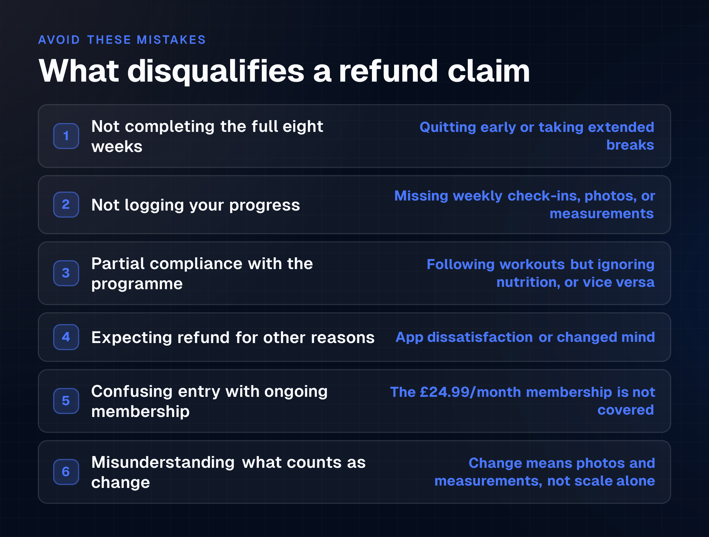 Checklist of six common mistakes that disqualify refund claims under 8WTC's money-back guarantee