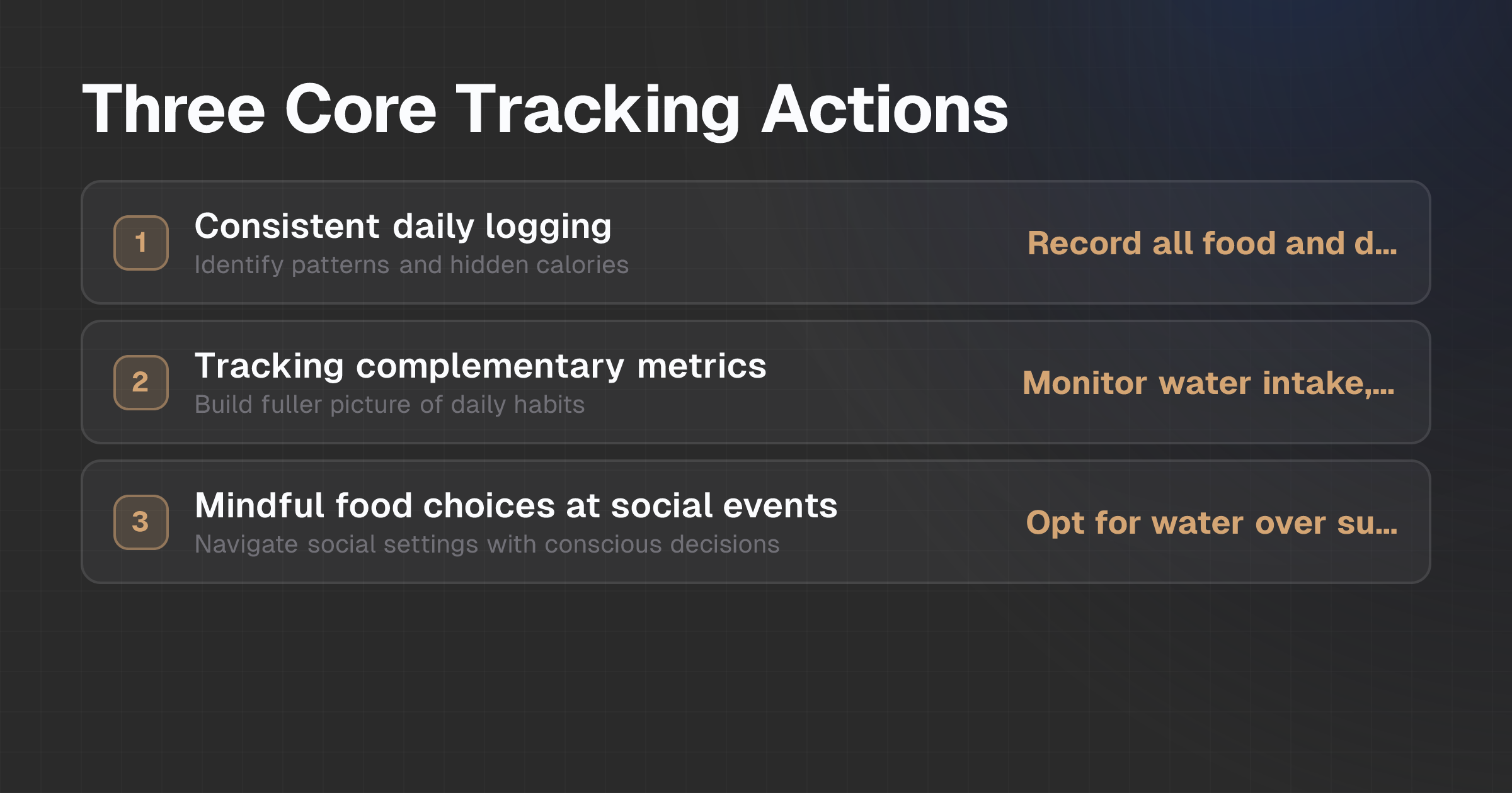 Checklist diagram showing three core tracking actions: consistent daily logging, tracking complementary metrics, and mindful food choices at social events