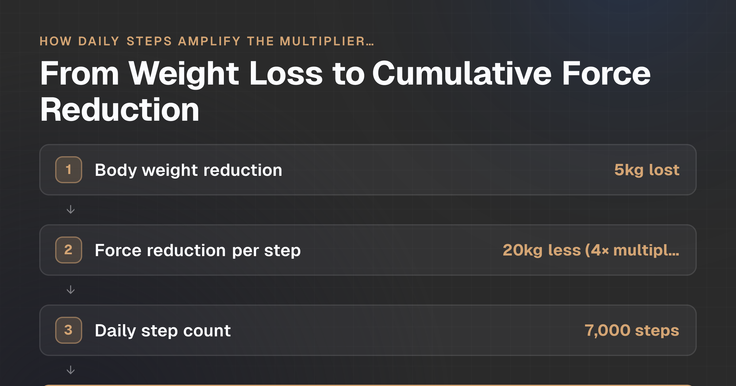 The reader can apply the force multiplier to their own body weight and step count, seeing a concrete daily figure that demonstrates why small weight loss compounds into significant biomechanical relief.