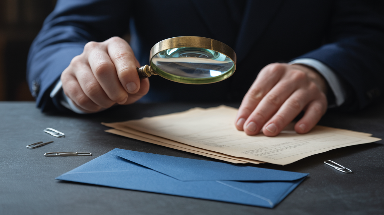 Photo: Hands examining financial documents with magnifying glass for prop firm verification