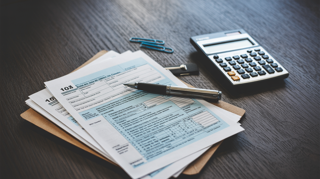 Photo: Tax forms including 1099-NEC and 1099-B with calculator and pen on desk for trading income reporting