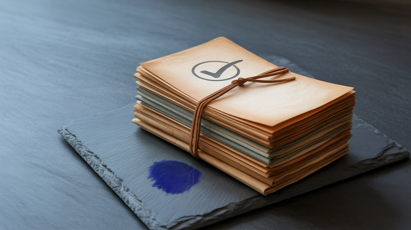 Photo: Stack of certificates with checkmark representing payout evidence